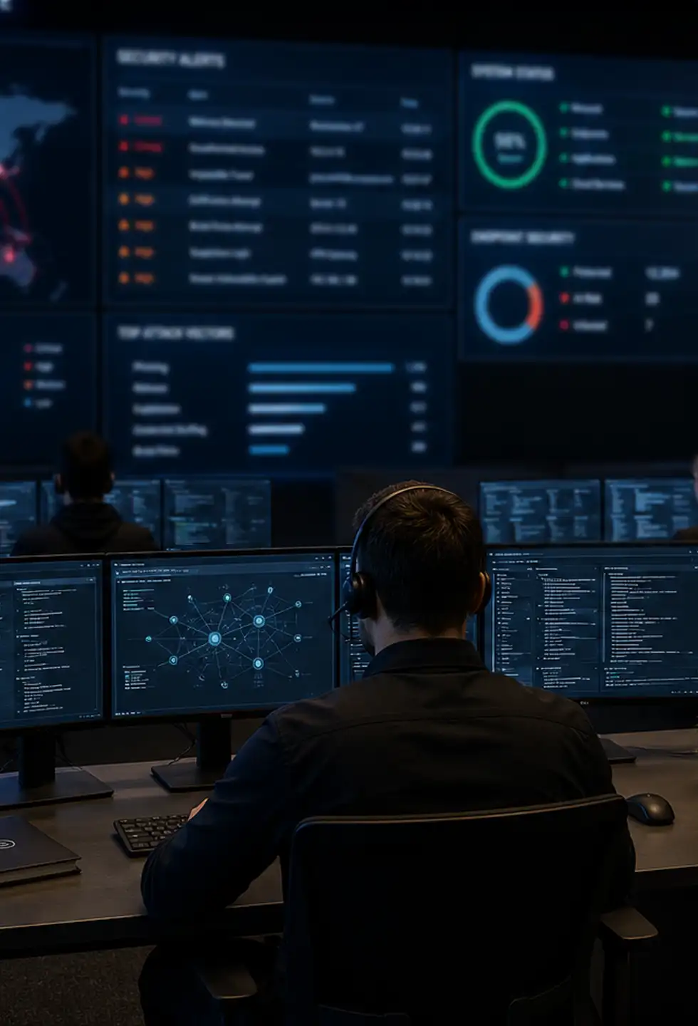A monitoring station operator watching live security dashboards